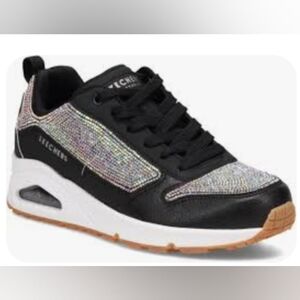 SKECHERS sz 7 Women's Uno Sparkle Air Cooled Black +  Iridescent Gold Sneakers